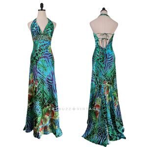 Vintage Prom Dress Maxi Gown 6 Green Multi Y2K Glam Scarf Print Bead Halter